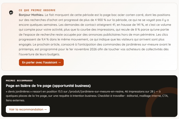 Analyse rédigée par l'agent et recommandation prioritaire