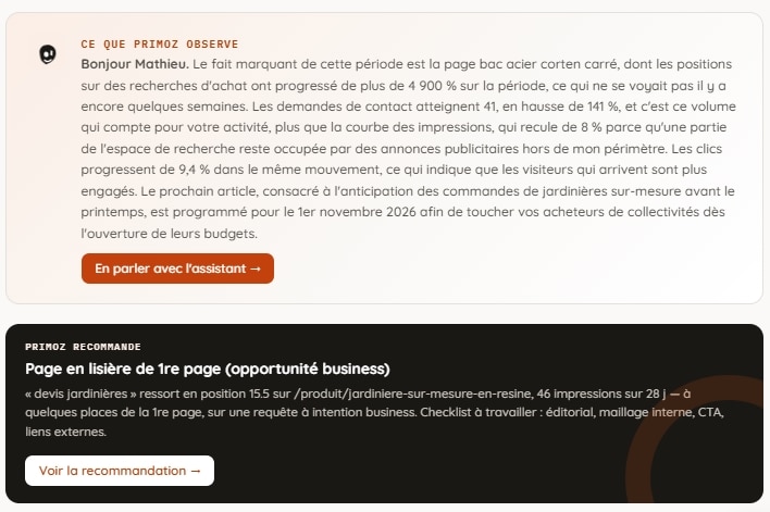 Analyse rédigée par l'agent et recommandation prioritaire