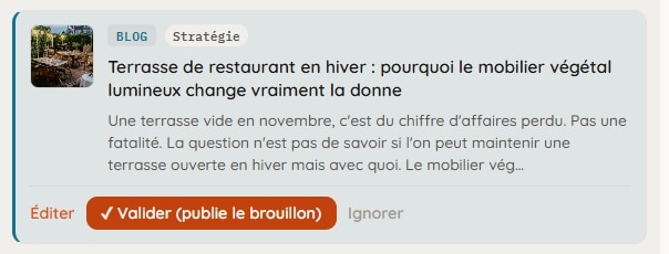 Proposition d'article avec les boutons Éditer, Valider et Ignorer