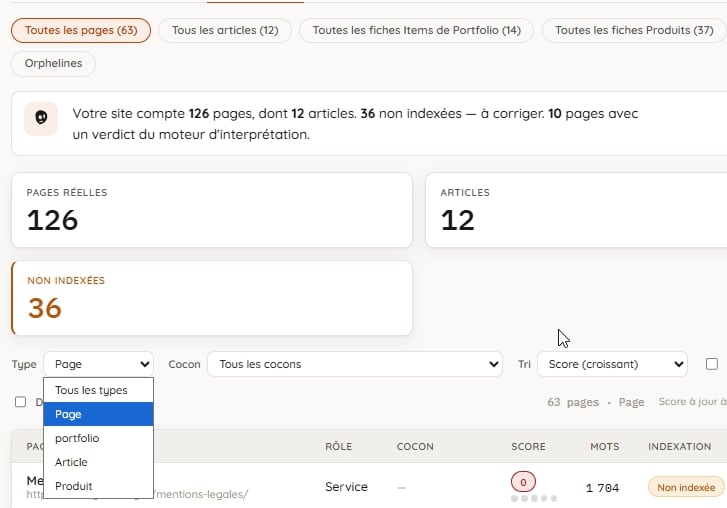 Liste des pages du site filtrée par type, avec indexation