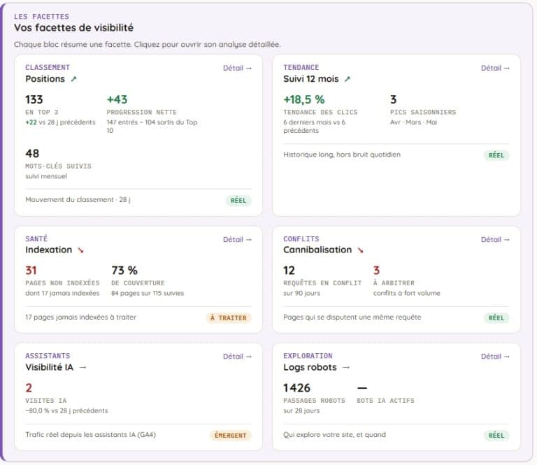 Les six facettes de visibilité d'un site suivi
