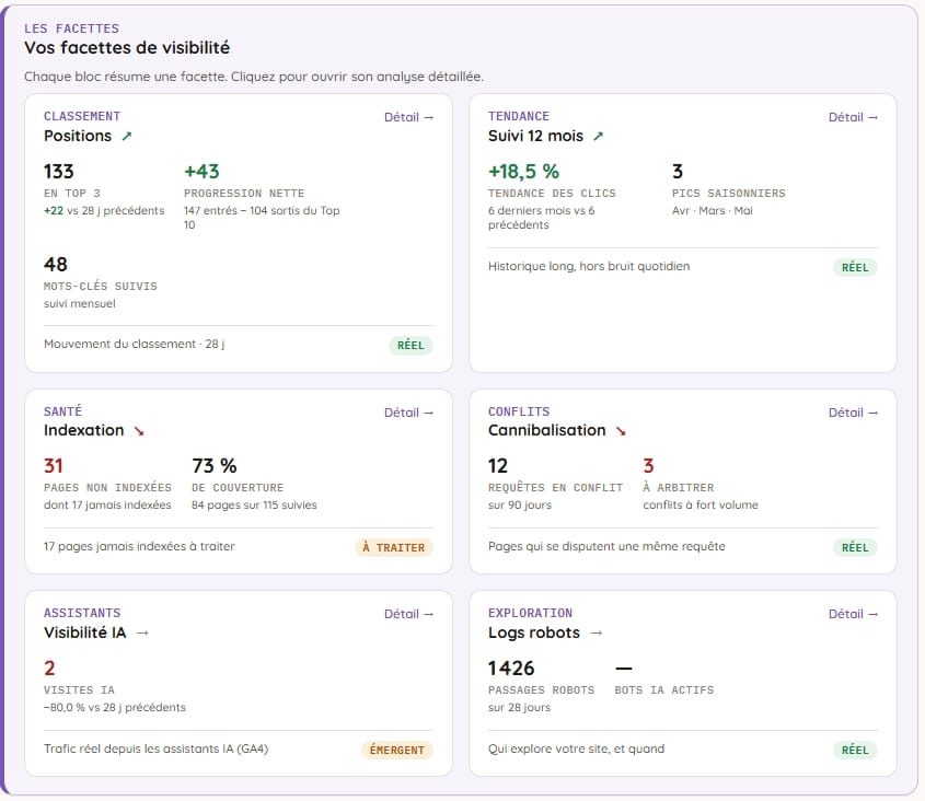Les six facettes de visibilité d'un site suivi